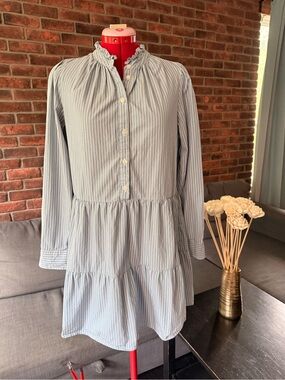 Women's Light Blue Pinstripe Tiered Button-Front Dress